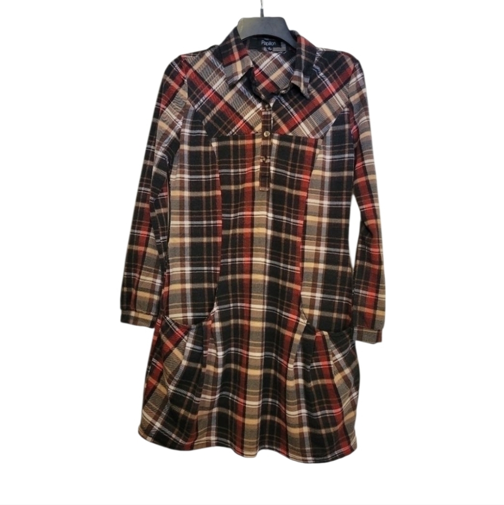 Papillon big pocket, black red, brown Plaid tunic Mini Dress Sz S